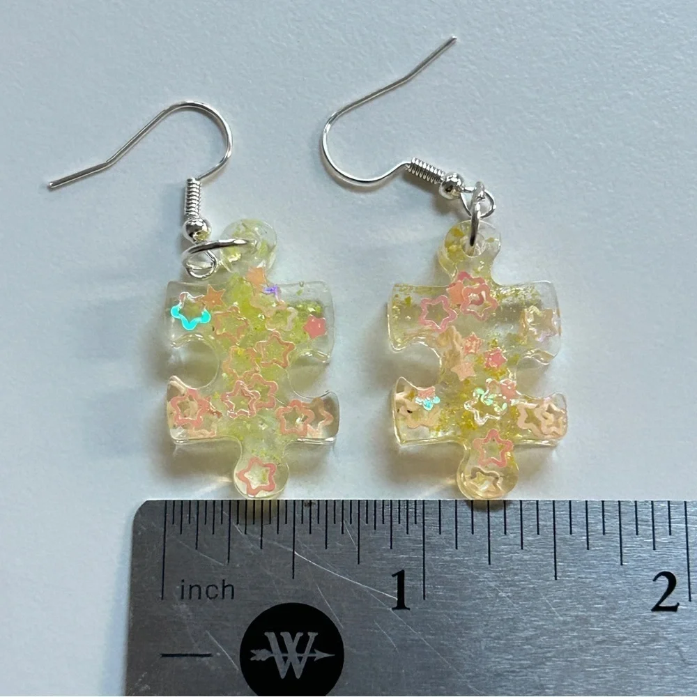 Hand Made Silver Color Dangle Yellow Puzzle Resin Earrings Star Glitter Design